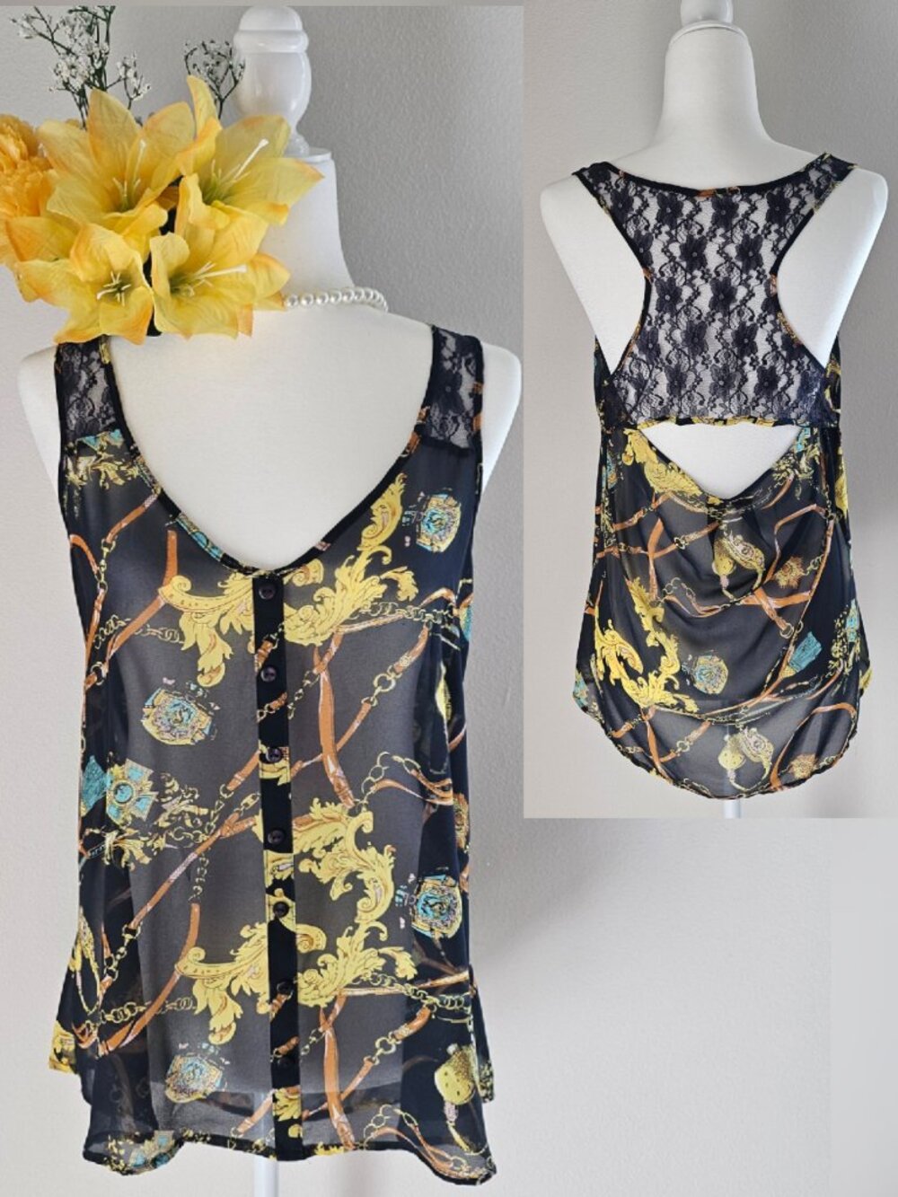 Cotton On Black Baroque Chain Print Sleeveless Top Lace Back High-Low Tank